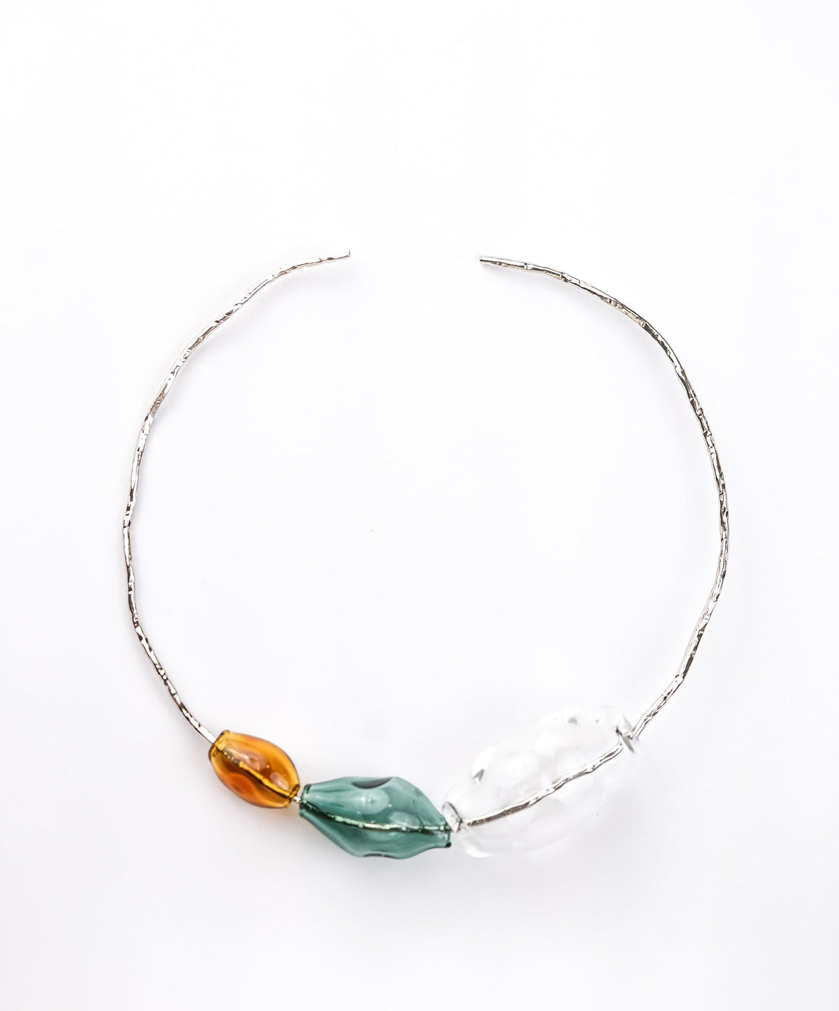 Handmade borosilicate glass 3 bubbles torque necklace in teal with silver hasli by AIROKAD STUDIO.