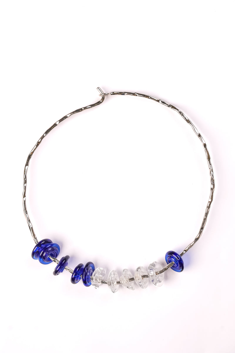 Handmade blue borosilicate glass beaded torque necklace by AIROKAD STUDIO.