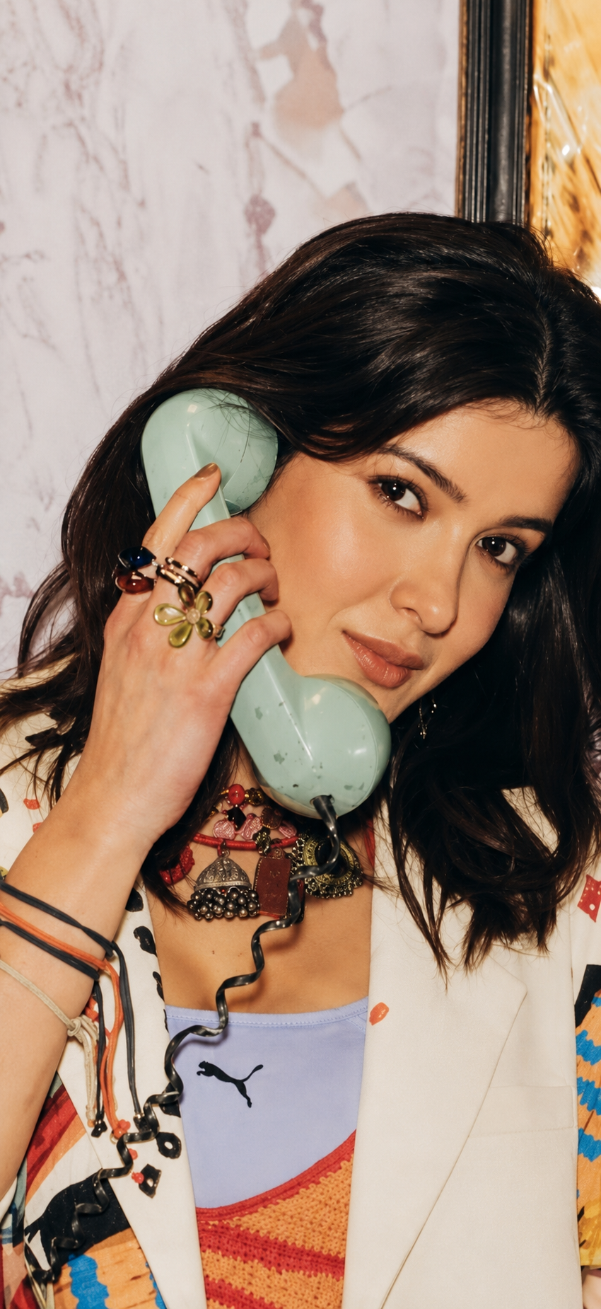 Shanaya Kapoor in handcrafted borosilicate glass rings rocks of gibraltar in colors blue and amber by AIROKAD STUDIO.