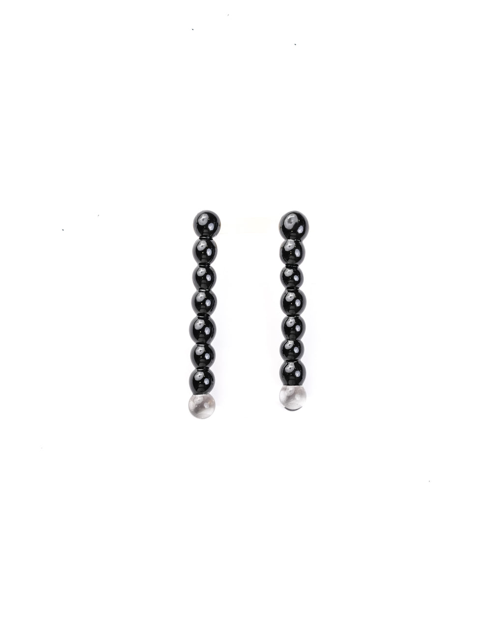 handcrafted borosilicate glass black beads drop earring with transparent bead detailing at bottom by AIROKAD STUDIO. 