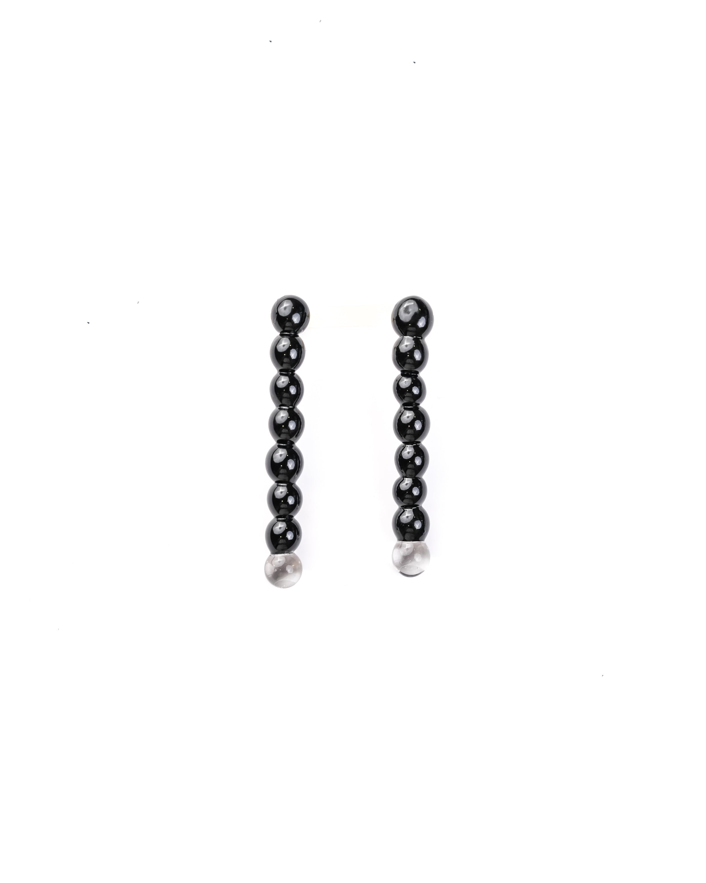 handcrafted borosilicate glass black beads drop earring with transparent bead detailing at bottom by AIROKAD STUDIO. 