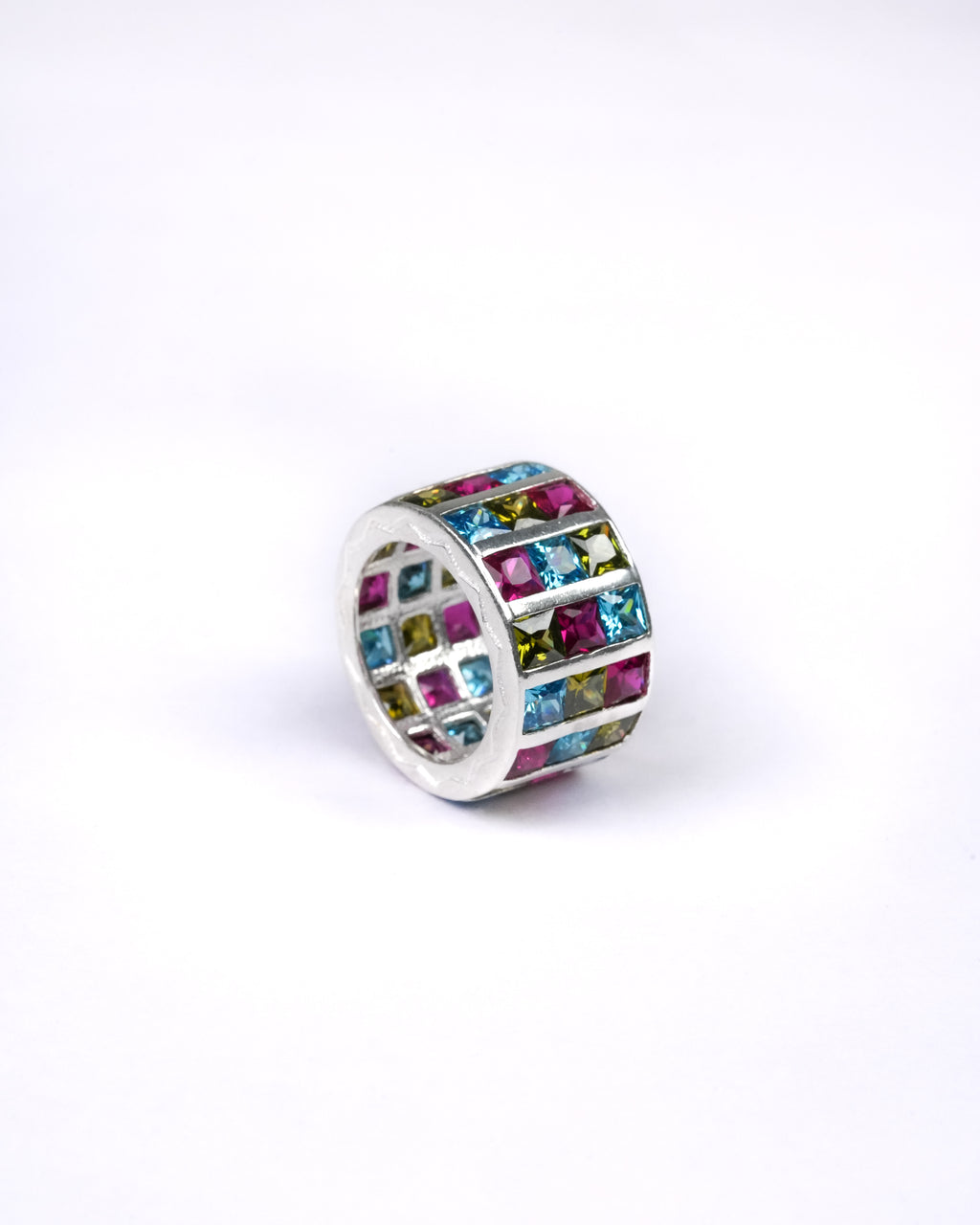 disco ring in silver with multicolor cubic zirconia stones handcrafted by AIROKAD STUDIO.