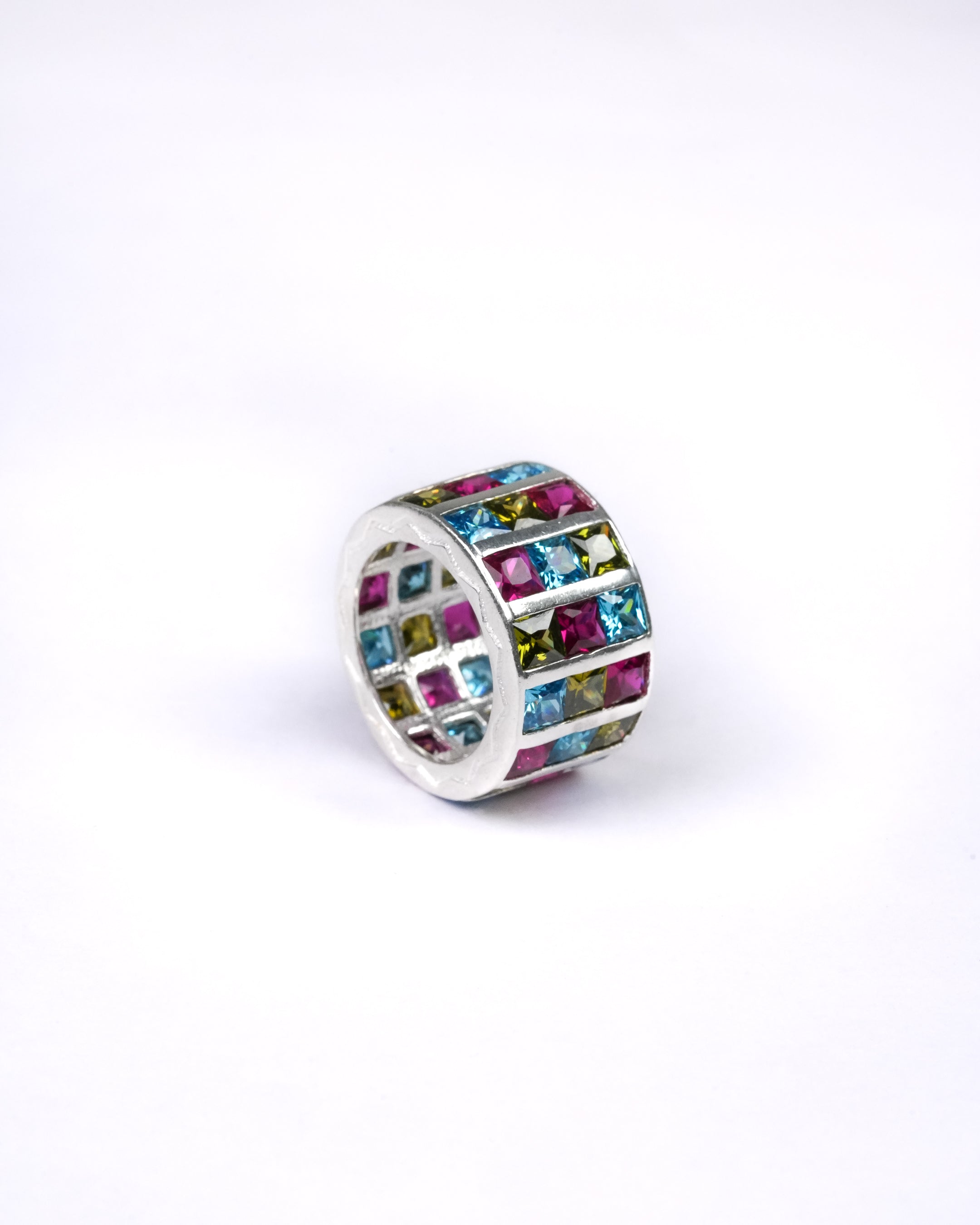 disco ring in silver with multicolor cubic zirconia stones handcrafted by AIROKAD STUDIO.