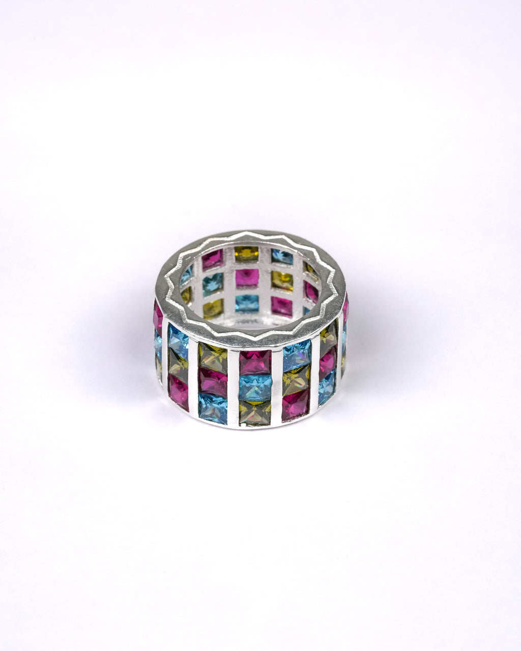 Handcrafted multicolor cubic zirconia stones ring with brass detailing by AIROKAD STUDIO.