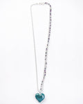 multicolor bead and brass chain with handcrafted heart shaped blue borosilicated glass pendant by AIROKAD STUDIO.