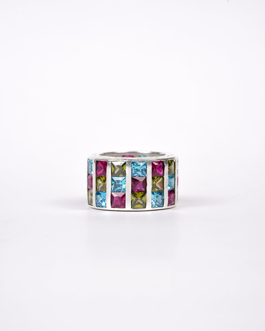 Handcrafted cubic zirconia stones in pink, blue and green with silver brass by AIROKAD STUDIO.