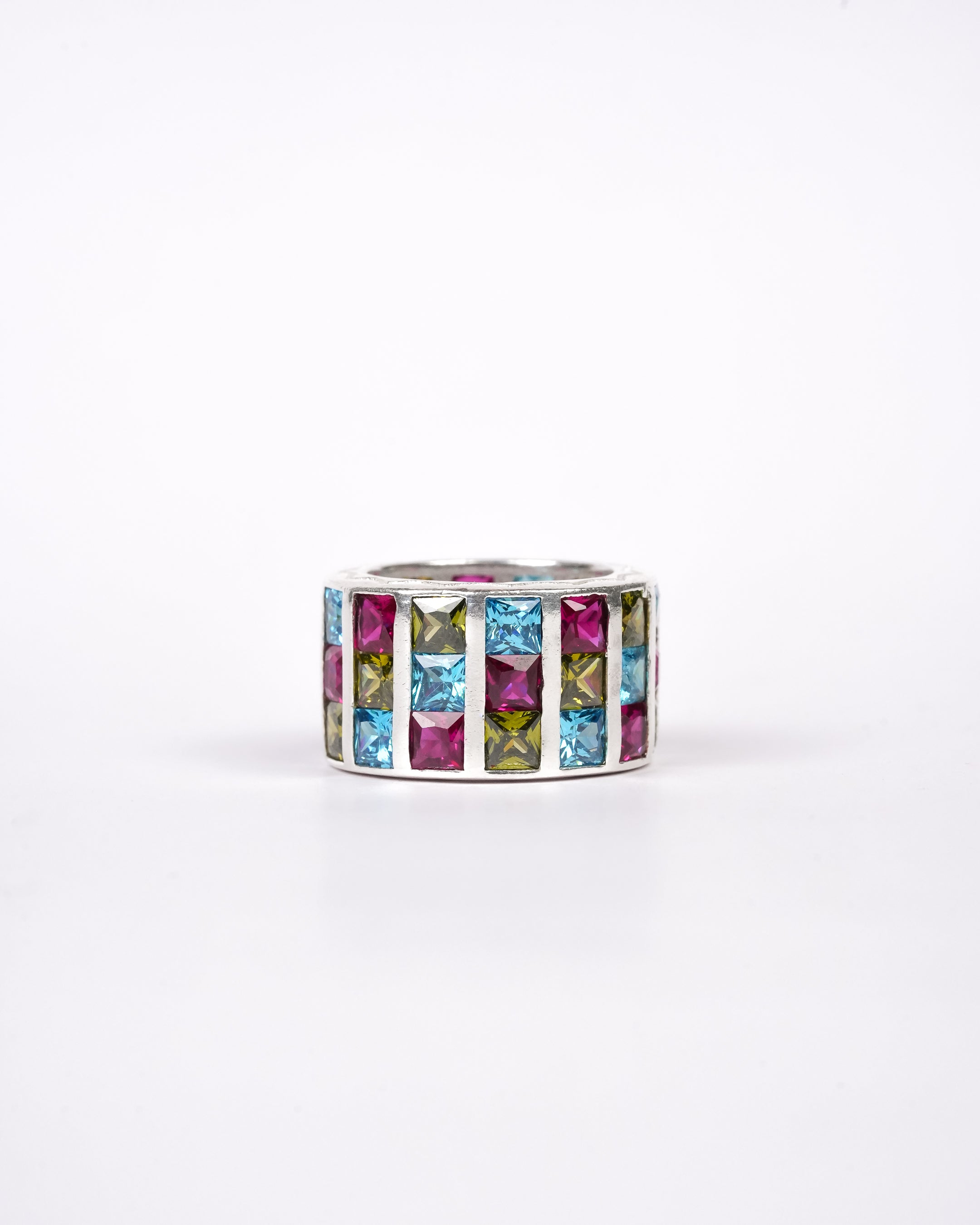 Handcrafted cubic zirconia stones in pink, blue and green with silver brass by AIROKAD STUDIO.
